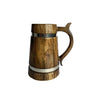 Handcrafted brown wooden beer mug, shaped like a barrel with a sturdy handle and silver-tone accents.