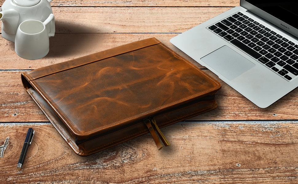 Cognac top grain leather padfolio organizer with zipper closure and large interior pocket, perfect for laptops, tablets, and notebooks.