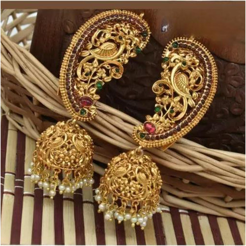 Exquisite Gold-Plated Peacock Jhumka Earrings, Ruby and Emerald Accents, Traditional Indian Wedding Jewelry (Set of 1)