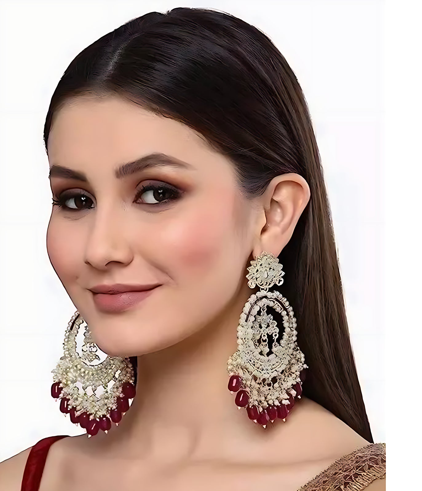 Luxury Kundan Pearl Chandbali Earrings, Ruby Drops  Traditional Wedding Statement Earrings, Traditional Indian Wedding Jewelry (Set of 1)