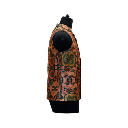 Peach Nehru Jacket with Mandala Pattern | Artistic Sleeveless Vest for Festive and Cultural Events