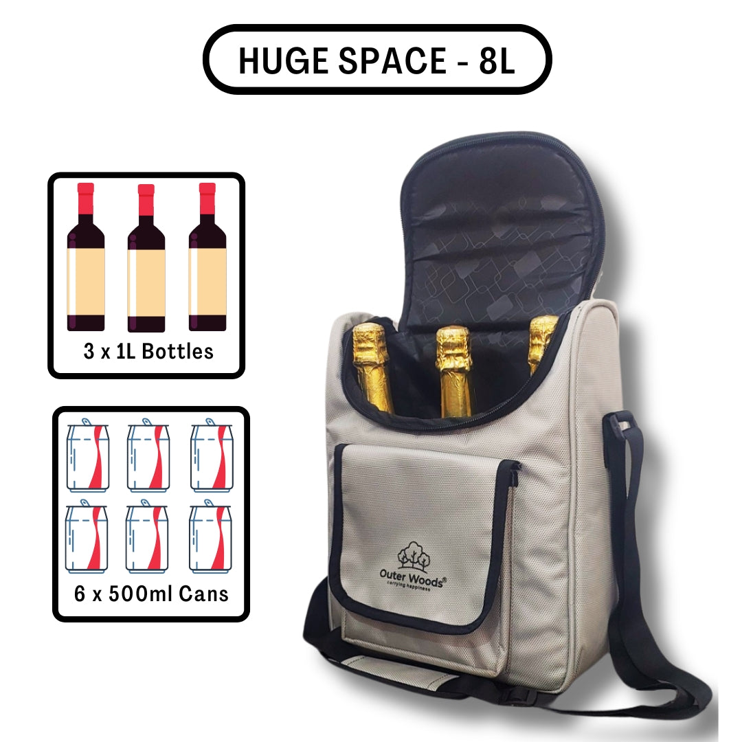 Outer Woods Nylon Insulated 3 Bottle Wine Cooler Bag 360 Degree Padded Protection For Glass Bottles Adjustable Slots, Snacks Pockets Ideal For Travel, Picnic, Party, Outing, Camping, Gifting