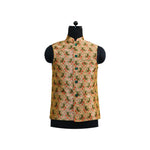 Handmade beige Nehru jacket with colorful floral paisley print, perfect for Indian ethnic events and special occasions.