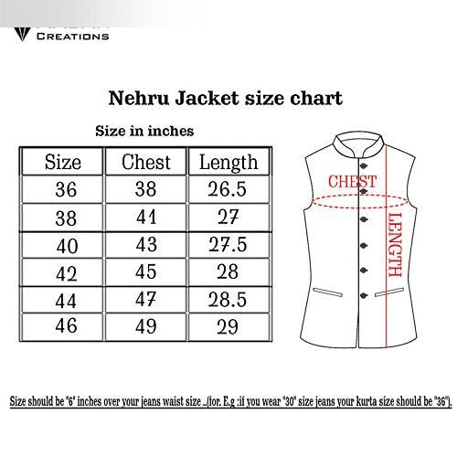 Nehru jacket size chart with chest and length measurements in inches for sizes 36 to 46.