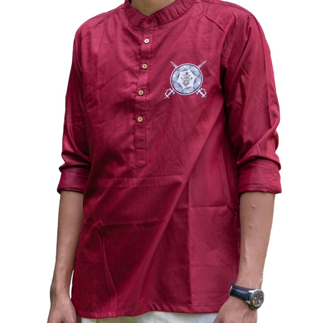 Kalaripayattu Logo Loop Sleeve Kurta, Super Soft Giza Cotton, Mandarin Collar, Men's Traditional Kerala Shirt, Festive Short Kurta (Size 44, Maroon)