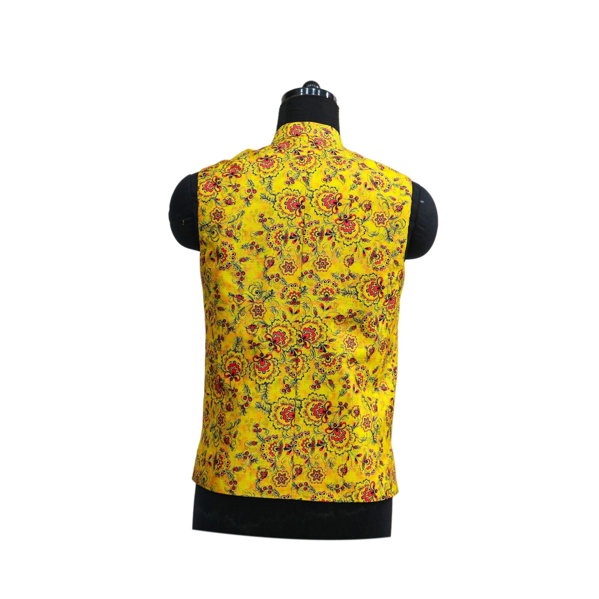 Yellow floral Nehru jacket, back view. Handmade vintage style, perfect for parties, ethnic events, or as a unique gift.