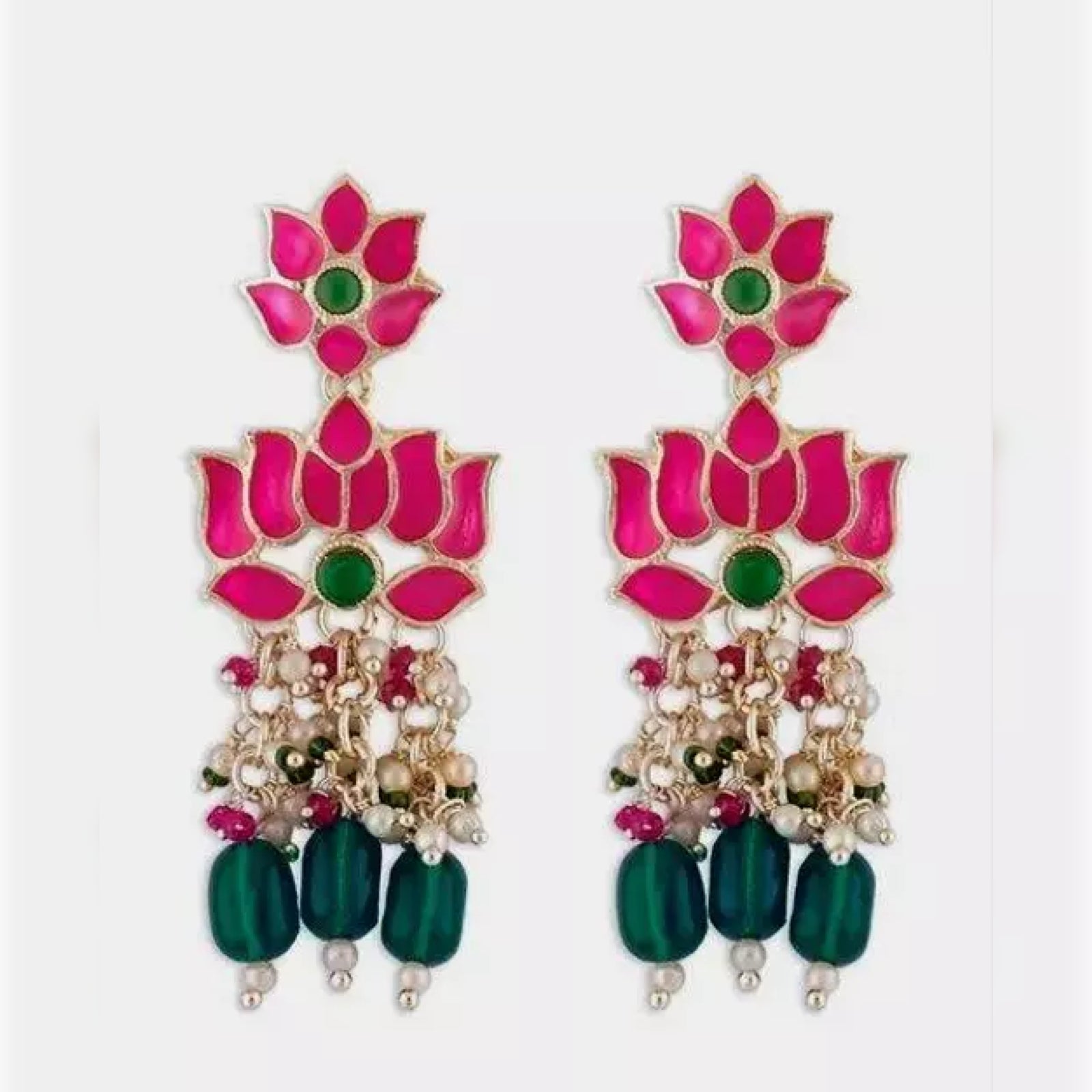 Elegant Lotus-Inspired Green and Pink Beaded Necklace and Earring Set, Traditional Indian Wedding Jewelry (Set of 2)