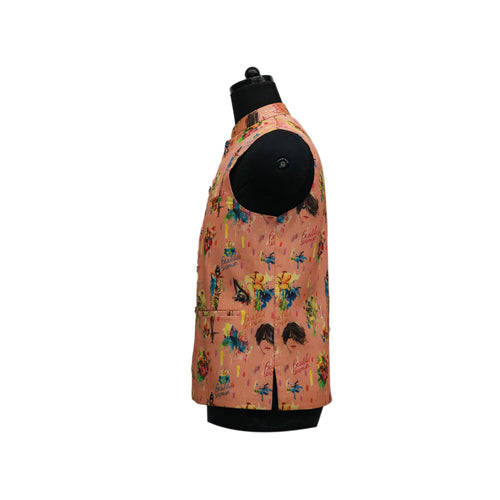 Peach Nehru Jacket with Colorful Abstract Print | Artistic Sleeveless Vest for Festive Occasions