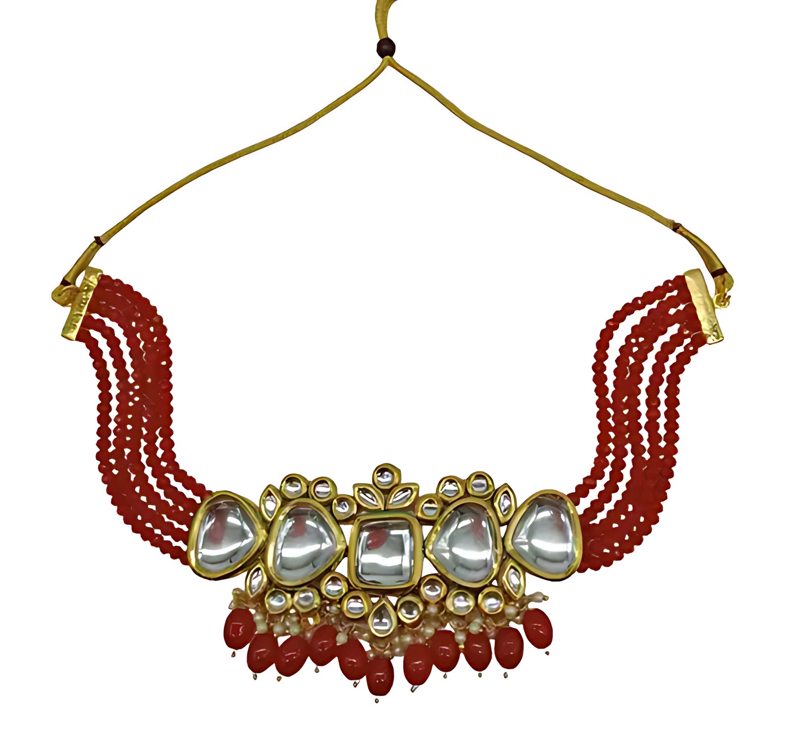 Kundan Red Beaded Necklace Set - Traditional Multi-Strand Jewelry, Red Beads and Mirror Work, Traditional Indian Wedding Jewelry (Set of 2)