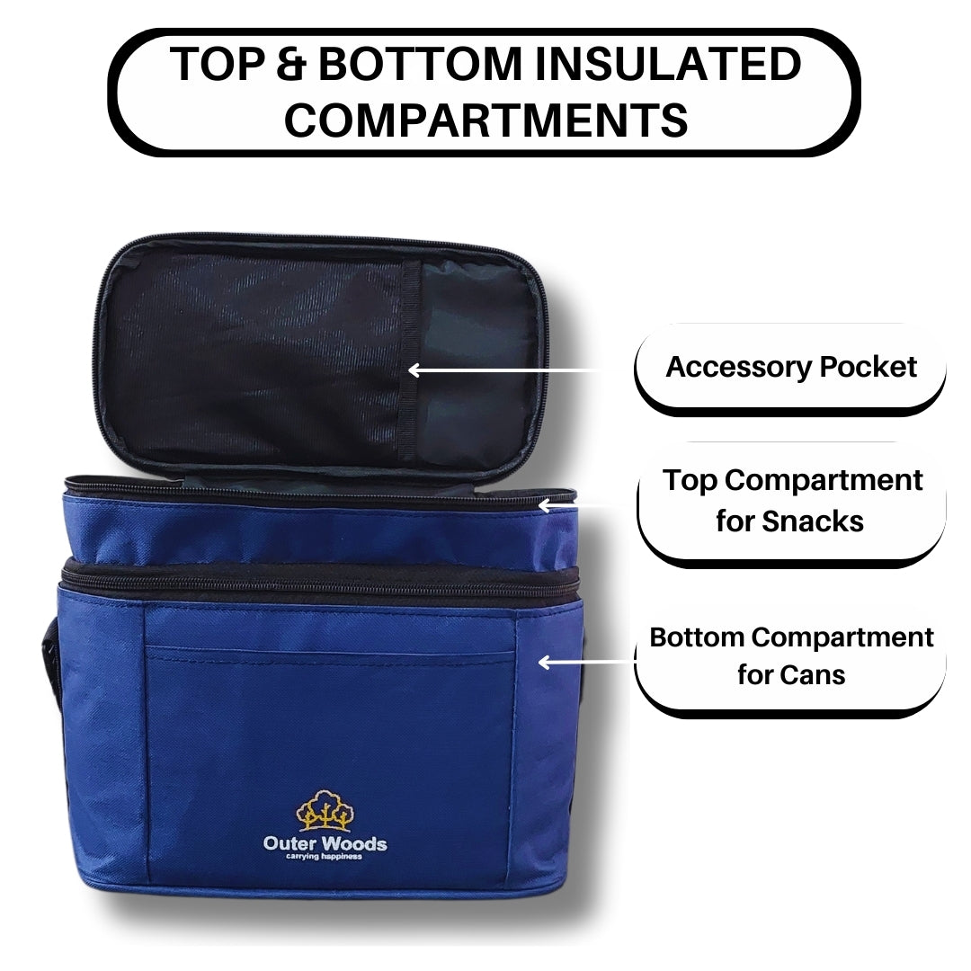 Outer Woods Insulated 6 Can Cooler Bag Dual Compartment| Fits 6 x 500ml Beer Cans & Snacks| Keeps Beer Cans Cool for up to 10 Hours | Ideal for Carrying Food, Beer, Soda, Juice and Milk