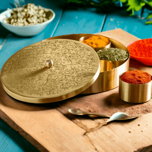 Brass Masala Box with Spoon | Handcrafted Round Spice Box for Kitchen