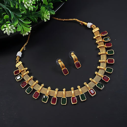 Elegant Multi and Gold Mesh Necklace Set, Matching Earrings, Traditional Indian Wedding Jewelry (Set of 2)