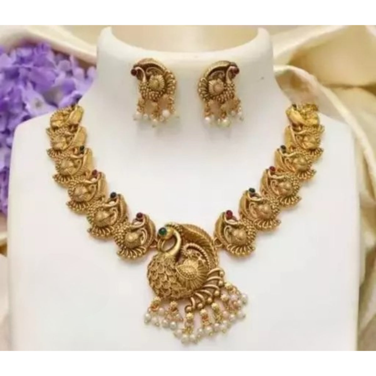 Exquisite Gold Peacock Necklace Set, Pearl Accents, Traditional Indian Wedding Jewelry (Set of 2)