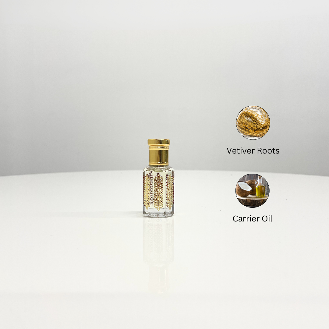 A bottle of Khus Attar Unisex perfume, made with vetiver roots and carrier oil, stands on a white surface.