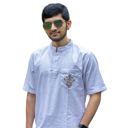 Embroidered Floral Kurta, Short Sleeve Kurta, Traditional Men's Shirt, Comfortable Cotton Linen Blend Shirt, Shirt for Traditional Wear (Size 40, Brown & White)