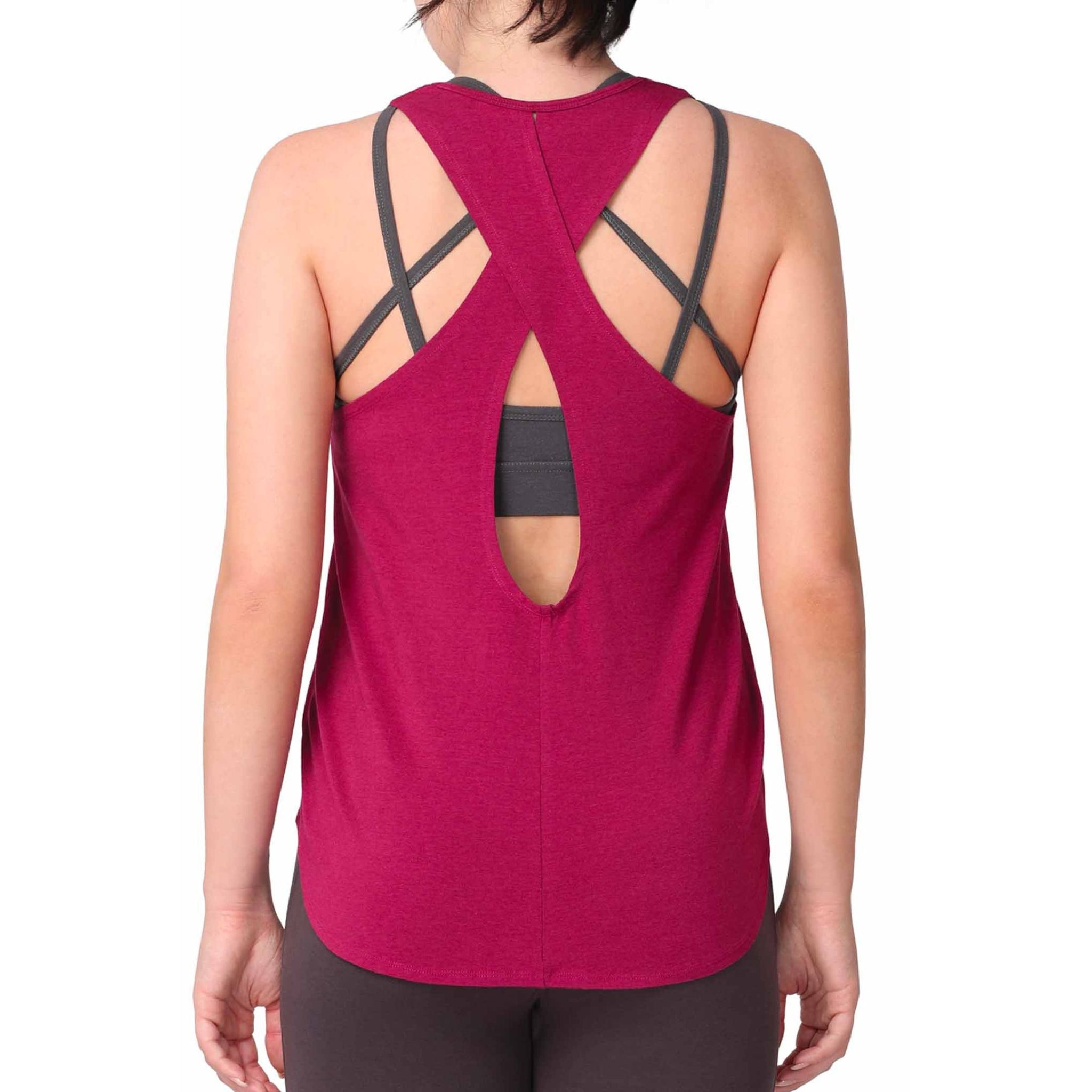 Pari Yoga Tank with Organic Cotton | Sleeveless Layering Crossback Tank Top with Drop Shoulder & Hi-Lo Hemline | Raspberry