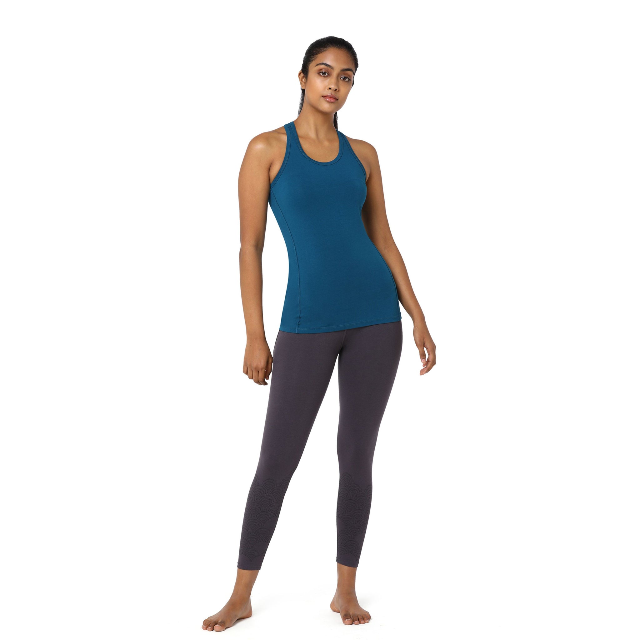 Chin Fitted Racer Back Tank with Organic Cotton | Women's Racerback Yoga Top with Semi-Snug Fit & Reinforced Seams | Seaport Blue