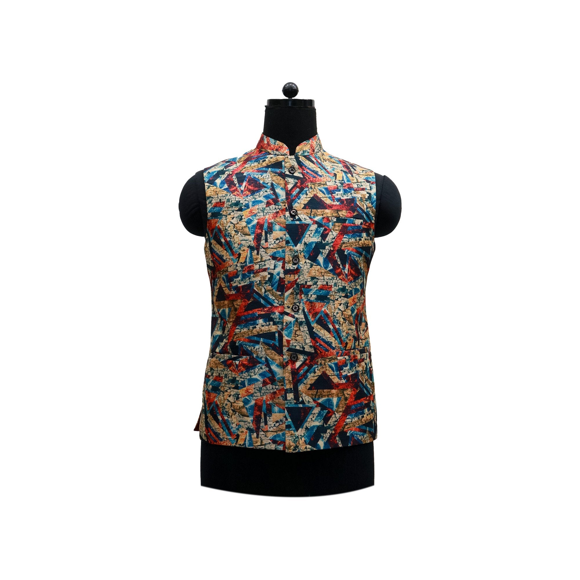 Handmade men's Nehru jacket with colorful abstract pattern, displayed on a mannequin. Perfect for ethnic parties or themed events.