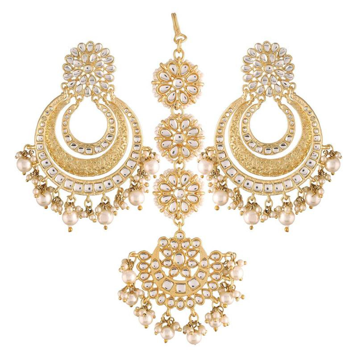 Elegant Kundan Pearl Chandbali Earring and Tikka Set Traditional Indian Wedding Jewelry Collection, Traditional Indian Wedding Jewelry (Set of 2)