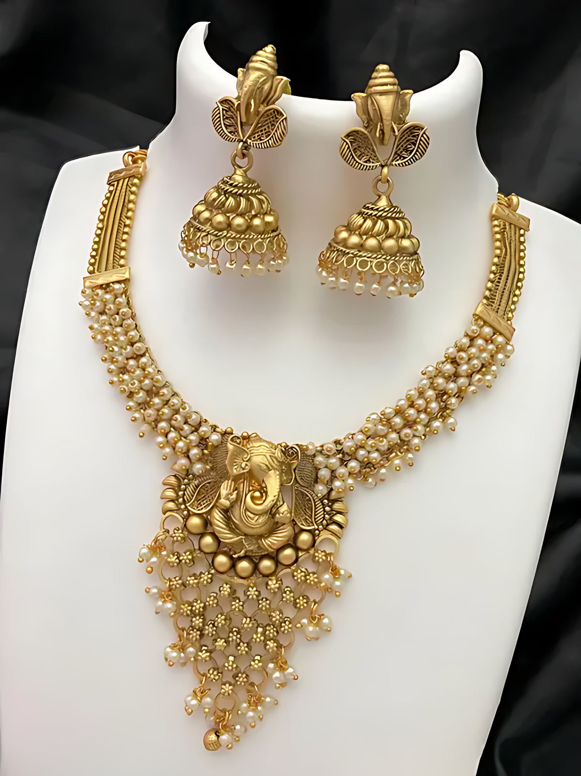 Temple Jewelry Set, Ganesha Pendant - Traditional South Indian Gold Plated Multi-Layer Necklace Set Pearl Clusters, Traditional Indian Wedding Jewelry (Set of 2)