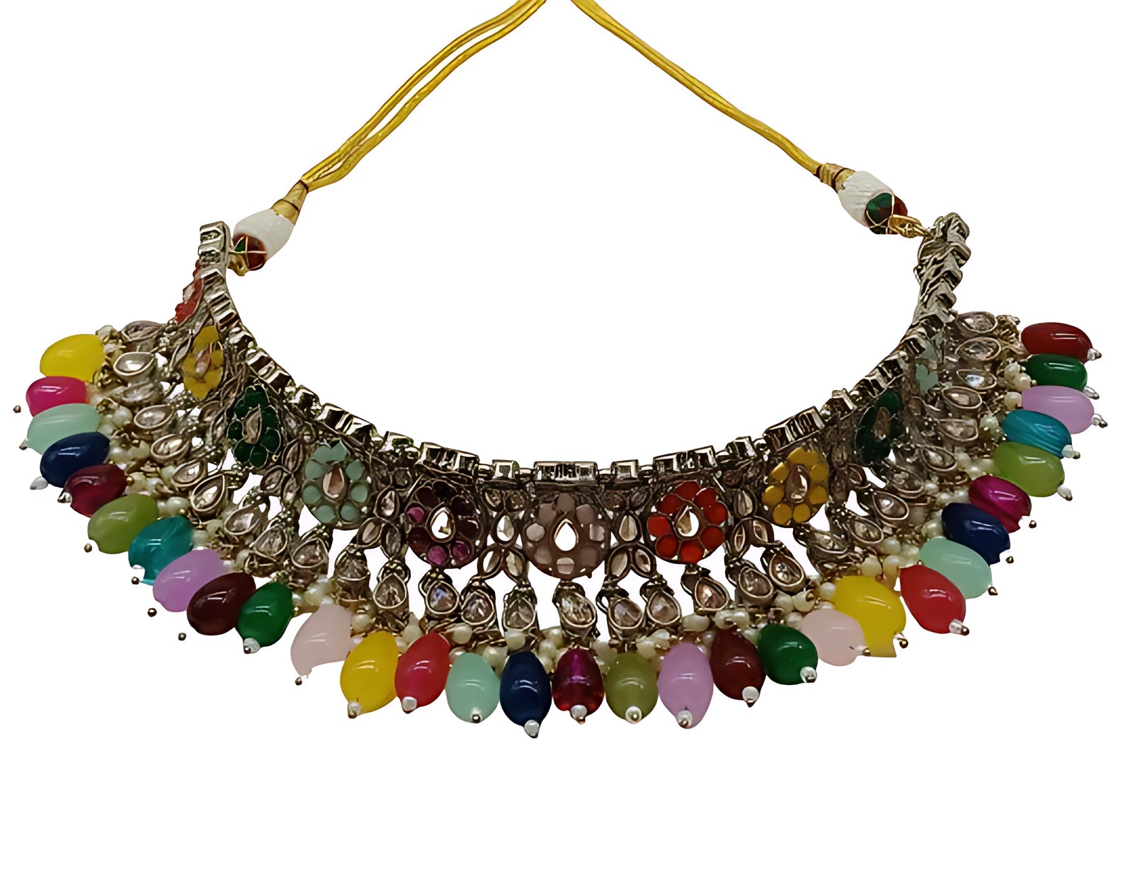 Luxurious Multicolor Kundan Choker Necklace Set, Earrings and Maang Tikka, Traditional Indian Wedding Jewelry (Set of 2)