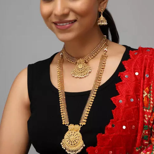 Luxurious Gold-Plated South Indian Bridal Jewelry Set - Necklace, Long Chain, Earrings, and Tikka, Traditional Indian Wedding Jewelry (Set of 2)