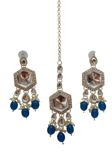 Elegant Kundan-Style Blue and White Necklace, Earrings, and Tikka Set, Traditional Indian Wedding Jewelry (Set of 2)