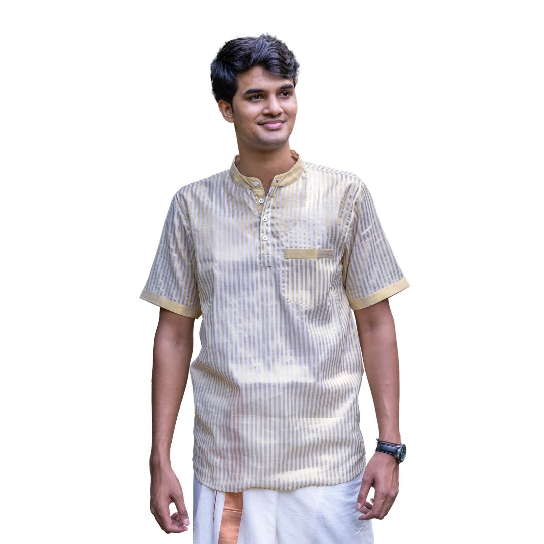 Kerala Striped Kasavu Cotton Half Sleeve Short Kurta, Men's Kerala Shirt, Comfortable Cotton Kurta for Summer (Size 40, Kasavu)