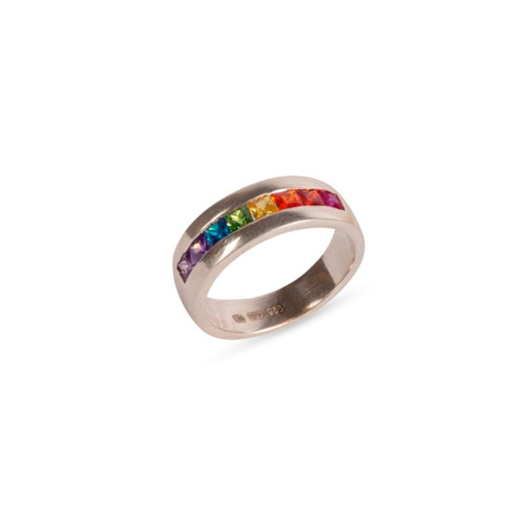 Sterling Silver Rainbow Signet Ring - Handcrafted Loveband with Colored Stones, LGBTQ+ Pride, Engagement & Wedding Band, Unisex Gift for Partner, Spouse, or Friend