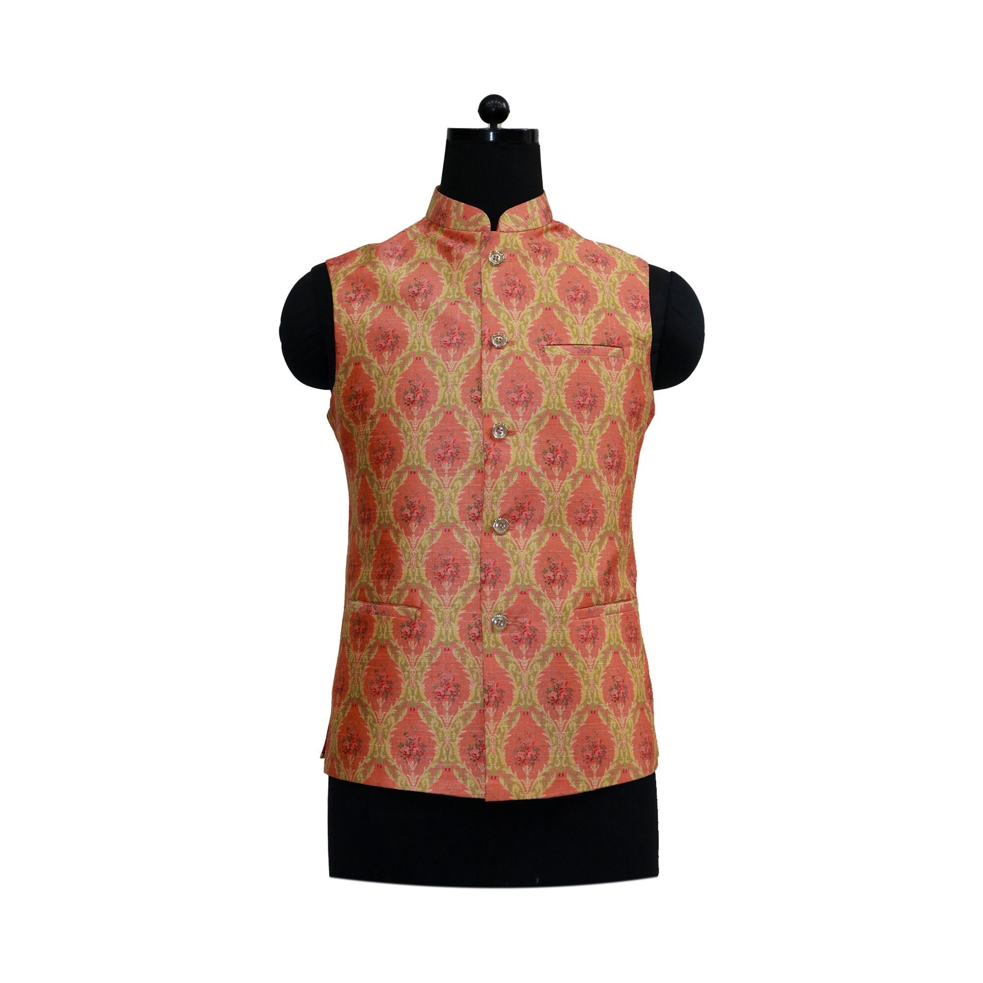 Handmade vintage floral Nehru jacket in peach, perfect for parties or ethnic themed events.