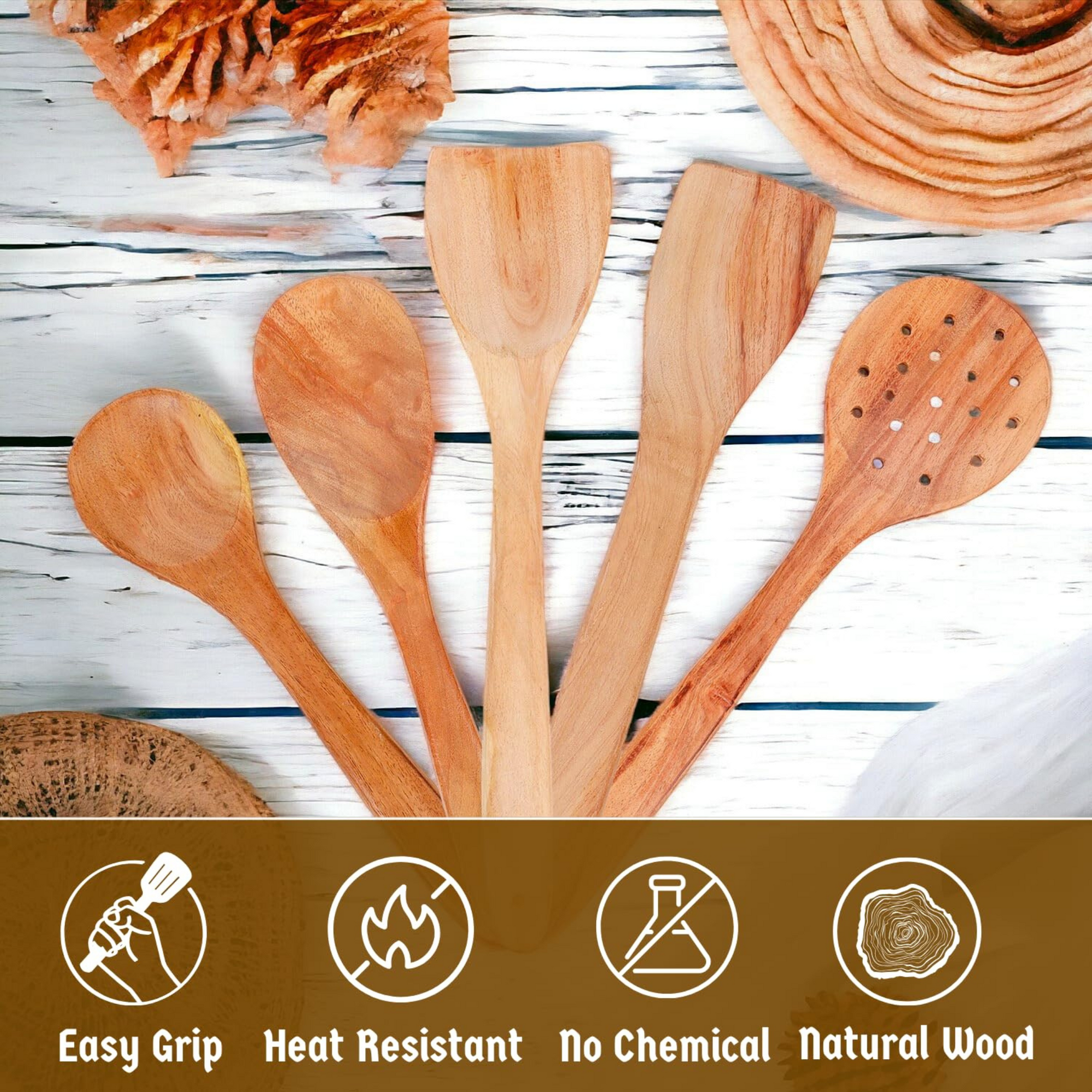 Wooden Spatula Set with Heat-Resistant Design | Natural Wood Cooking Utensils with Scratch-Free Surface and Built-in Hanging Holes | Set of 5