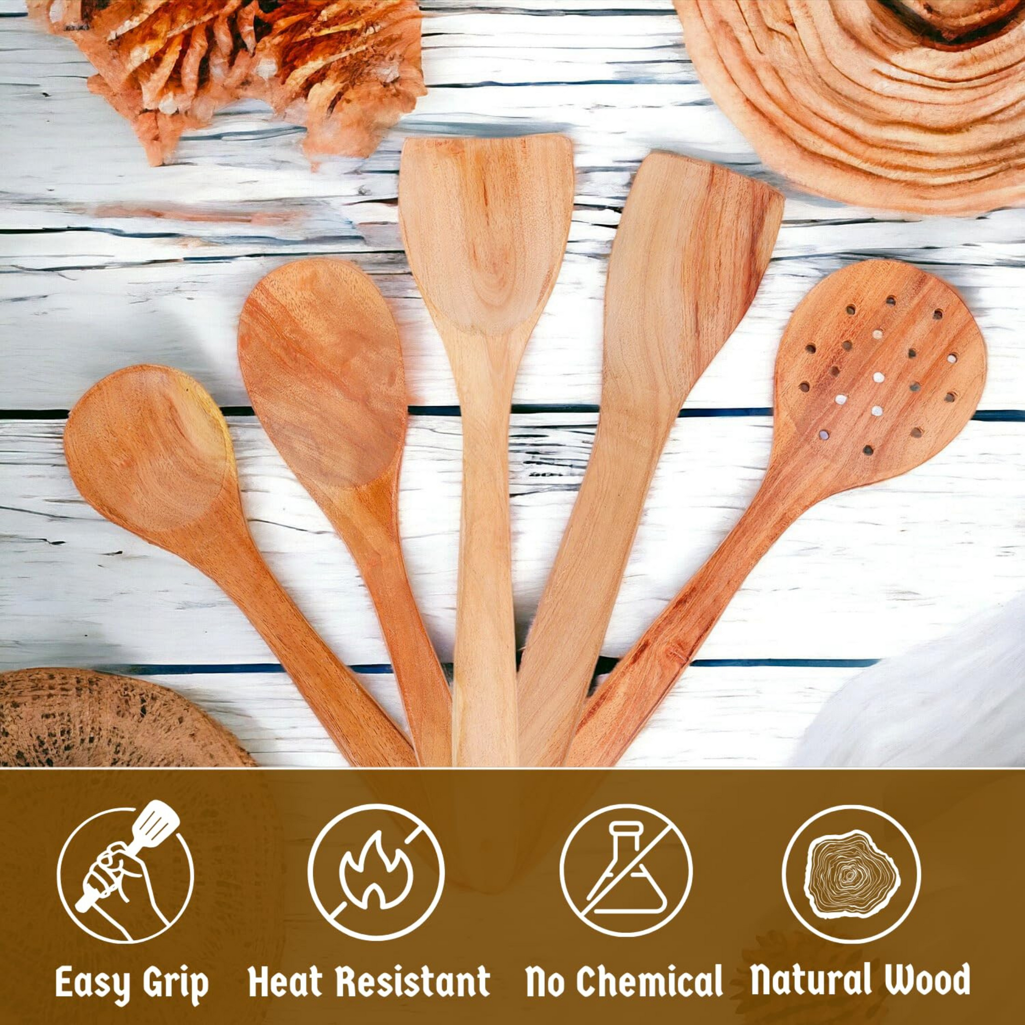 Wooden Spatula Set with Heat-Resistant Design | Natural Wood Cooking Utensils with Scratch-Free Surface and Built-in Hanging Holes | Set of 5