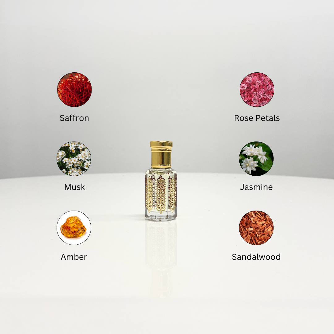 Black Oud Attar bottle with ingredients: saffron, musk, amber, rose petals, jasmine, and sandalwood.