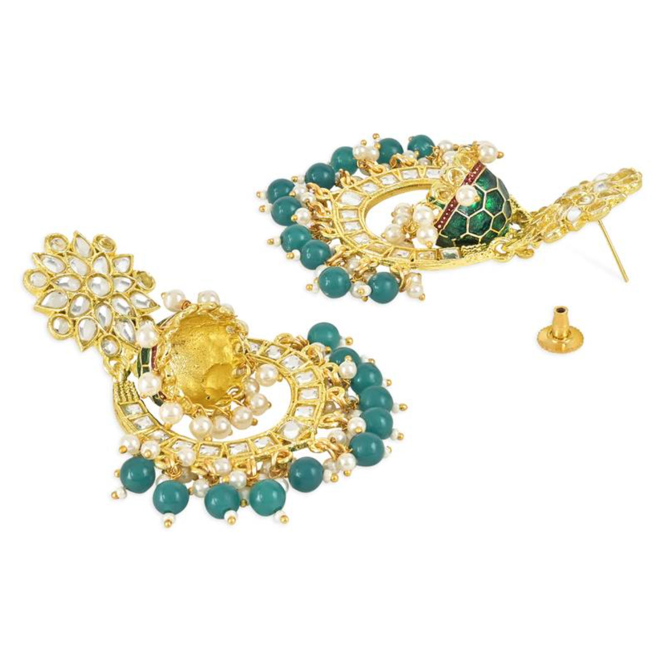 Green and Gold-Plated Kundan Chandbali Earrings – Traditional Indian Jhumka Earrings, Pearls, Traditional Indian Wedding Jewelry (Set of 1)