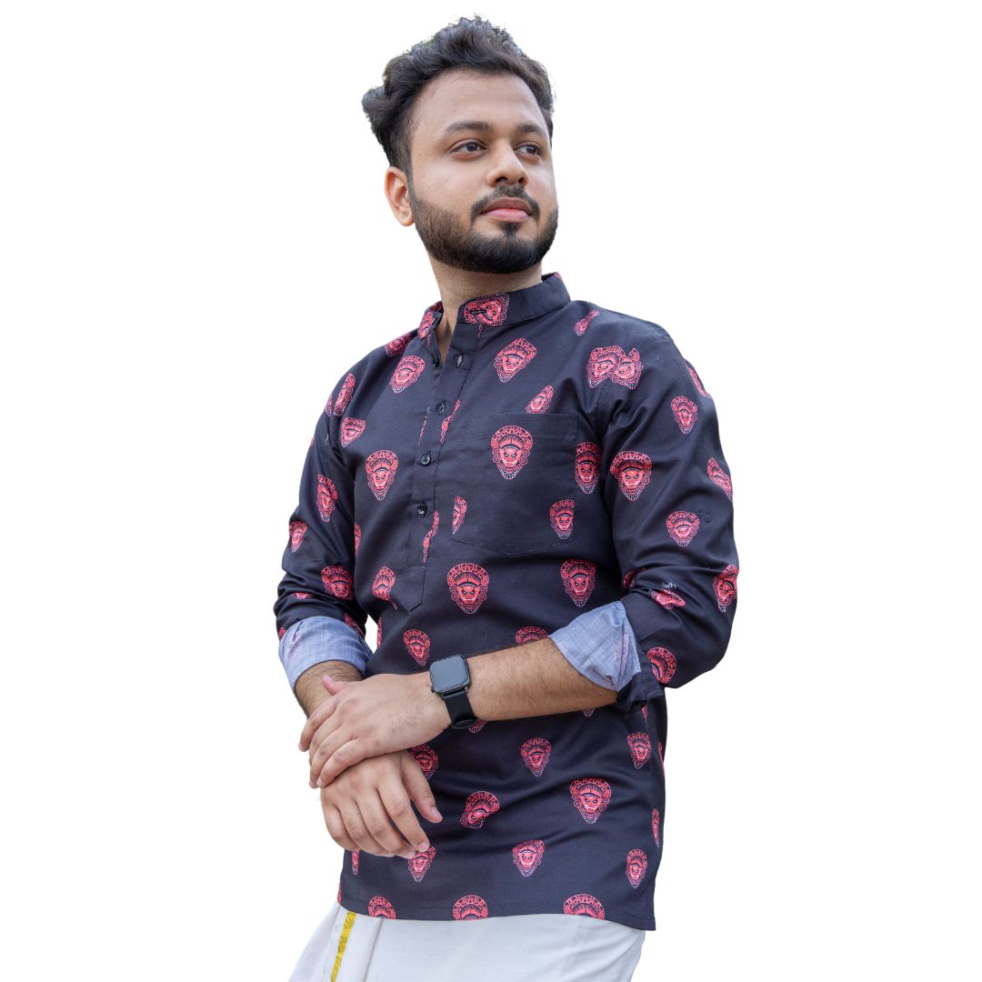 Theyyam Loop Kurta, Short Sleeve Kurta, Men's Traditional Shirt, Comfortable Cotton Shirt with Theyyam Art (Size 40, Maroon)