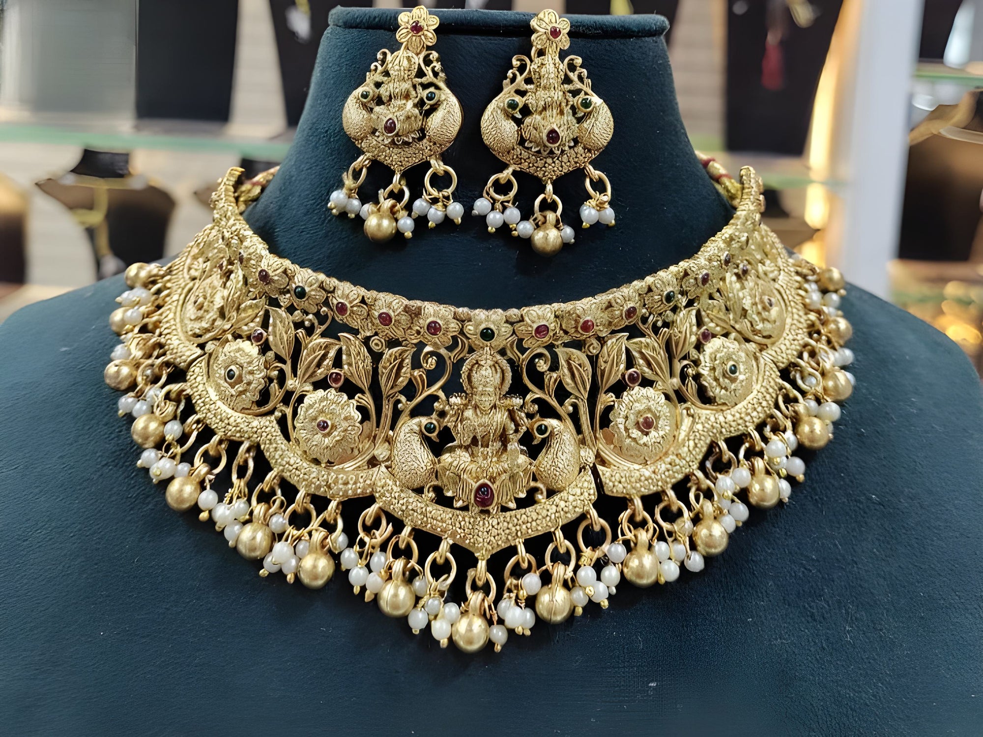 Traditional Gold-Plated Temple Choker Necklace Set Handcrafted Ethnic Jewelry for Weddings & Festivals, Traditional Indian Wedding Jewelry (Set of 2)