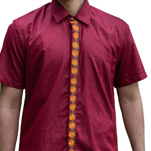 Embroidered Multi Floral Placket, Half Sleeve Shirt, Men's Formal Kerala Shirt, Cotton Shirt Festive Wear (Size 40, Maroon)