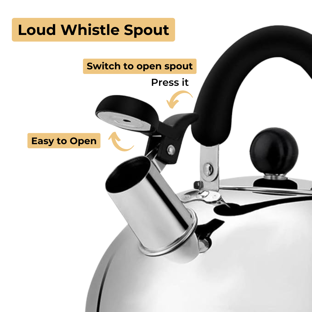 Stainless Steel Whistling Tea Kettle for Camping & Indoor Use | Fast Boiling Water Kettle with Heat-Resistant Ergonomic Handle | 2.1 Quart (2L) Capacity - Silver