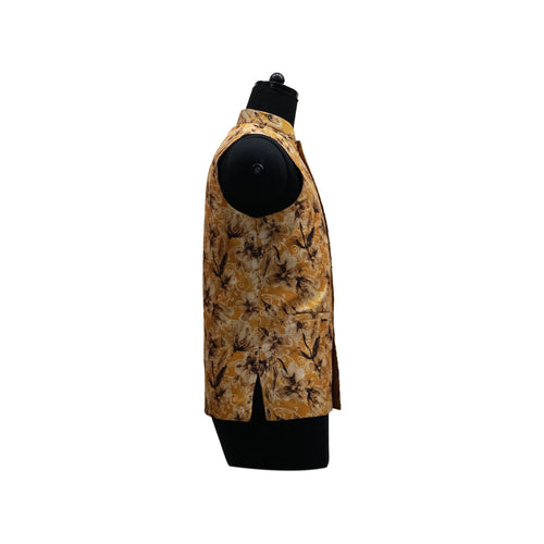 Mustard Nehru Jacket with Brown and Beige Floral Print | Stylish Sleeveless Vest for Weddings & Festive Events