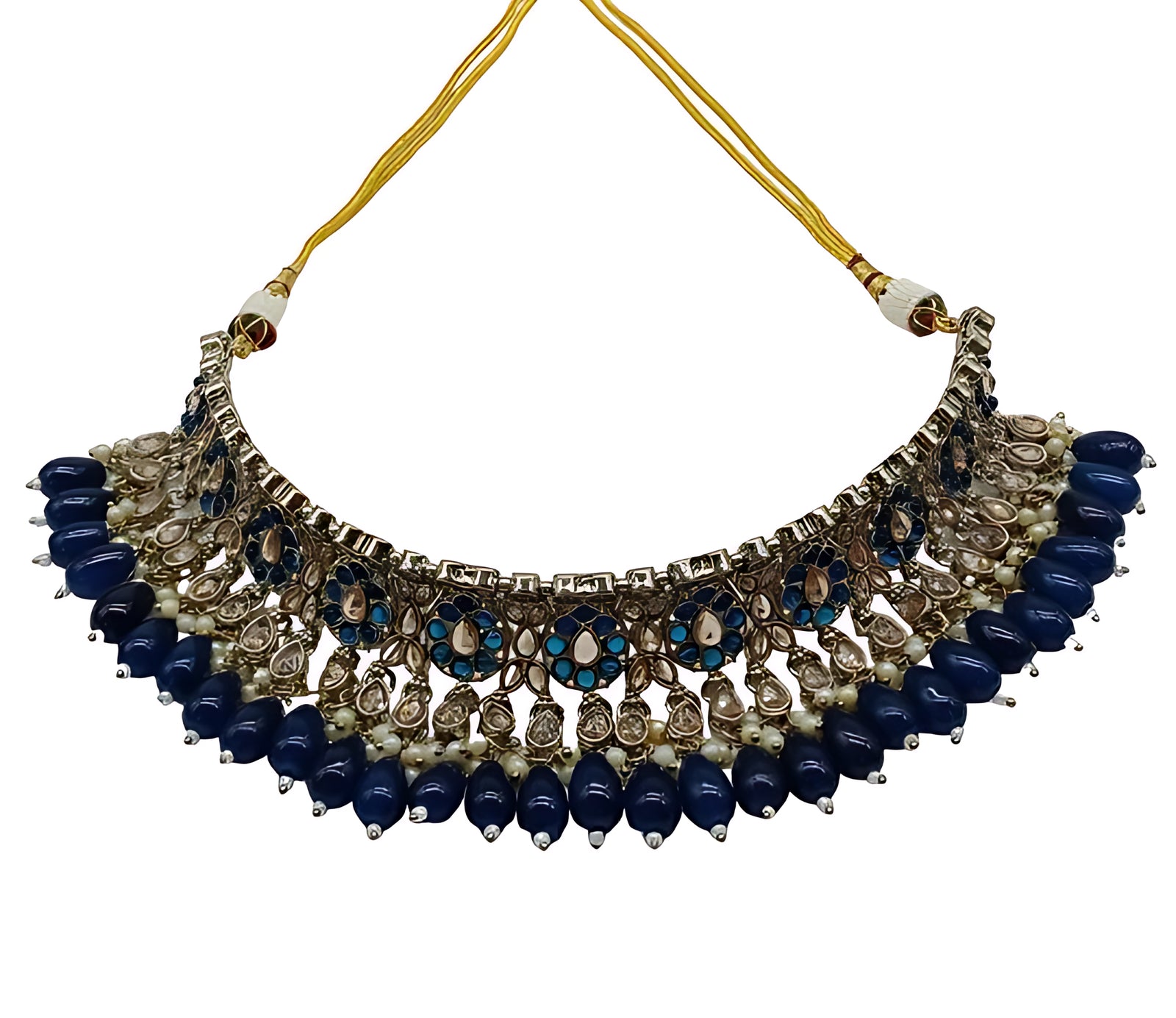 Luxurious Monatna Blue Kundan Choker Necklace Set, Earrings and Maang Tikka, Traditional Indian Wedding Jewelry (Set of 2)