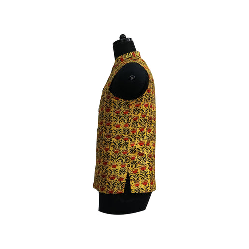 Yellow Nehru Jacket with Red and Black Floral Print | Stylish Sleeveless Vest for Weddings & Festive Events