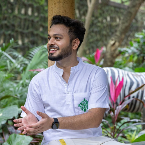 Embroidered Floral Kurta, Short Sleeve Kurta, Traditional Men's Shirt, Comfortable Cotton Linen Blend Shirt (Size 40, Green & White)