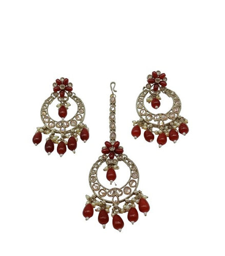 Elegant Red and Gold Indian Jewelry Set - Necklace, Earrings, and Maang Tikka, , Traditional Indian Wedding Jewelry (Set of 2)