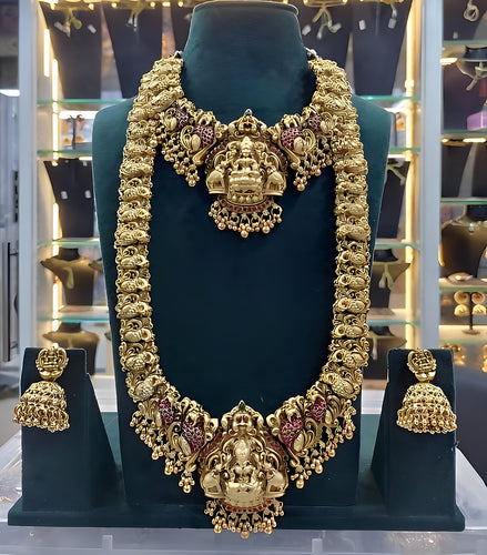 Traditional Temple Design Gold-Plated Lakshmi Long Necklace Jhumka Earrings Antique South Indian Bridal Jewelry Set, , Traditional Indian Wedding Jewelry (Set of 2)