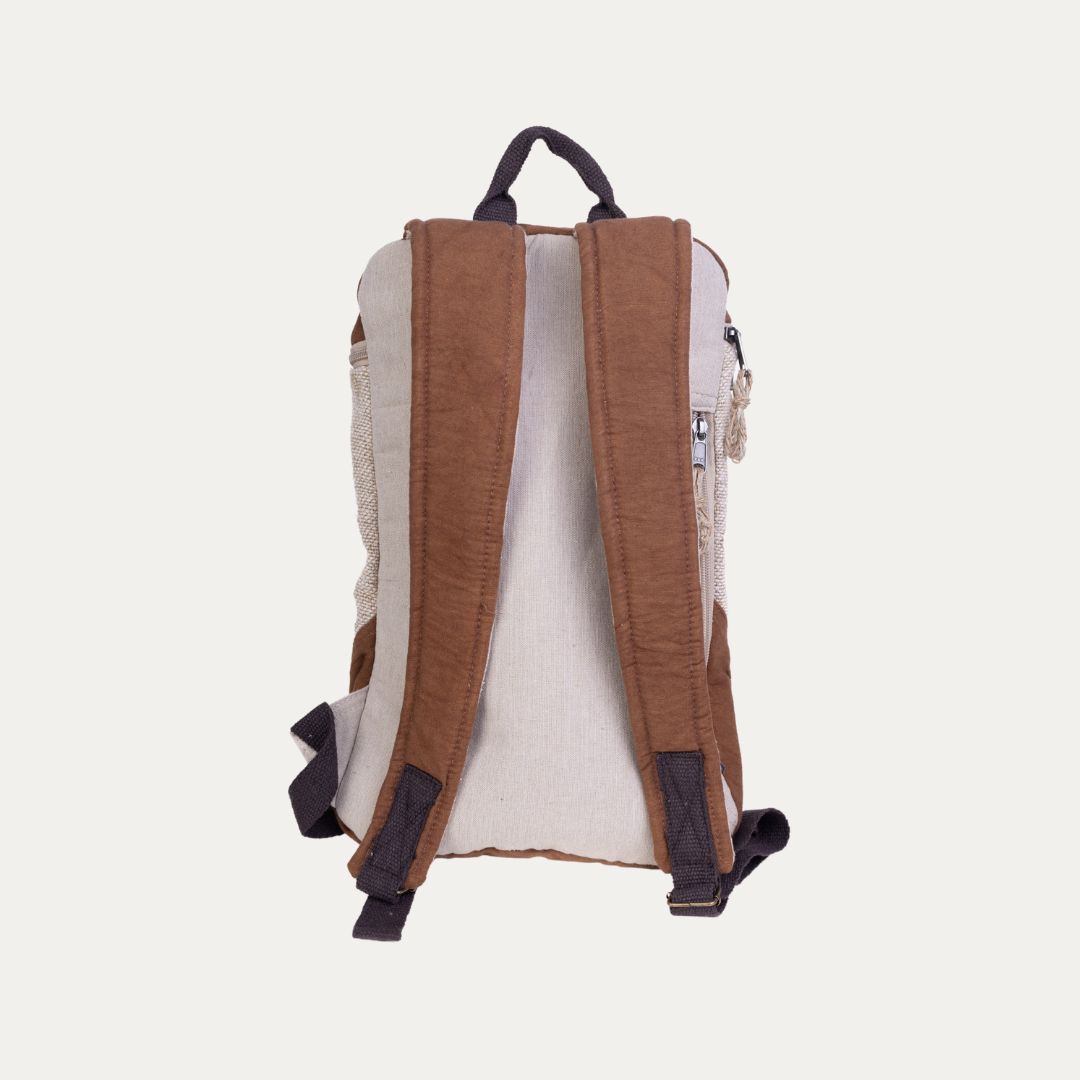 Handmade hemp backpack with multiple pockets, shown from the back with adjustable brown straps on a plain background.