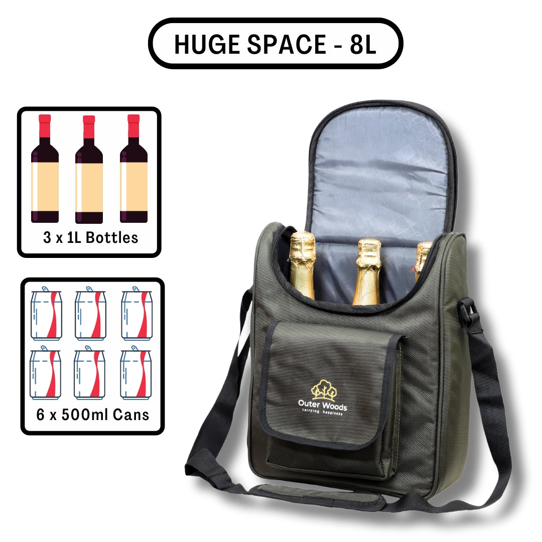 Outer Woods Nylon Insulated 3 Bottle Wine Cooler Bag 360 Degree Padded Protection For Glass Bottles Adjustable Slots, Snacks Pockets Ideal For Travel, Picnic, Party, Outing, Camping, Gifting