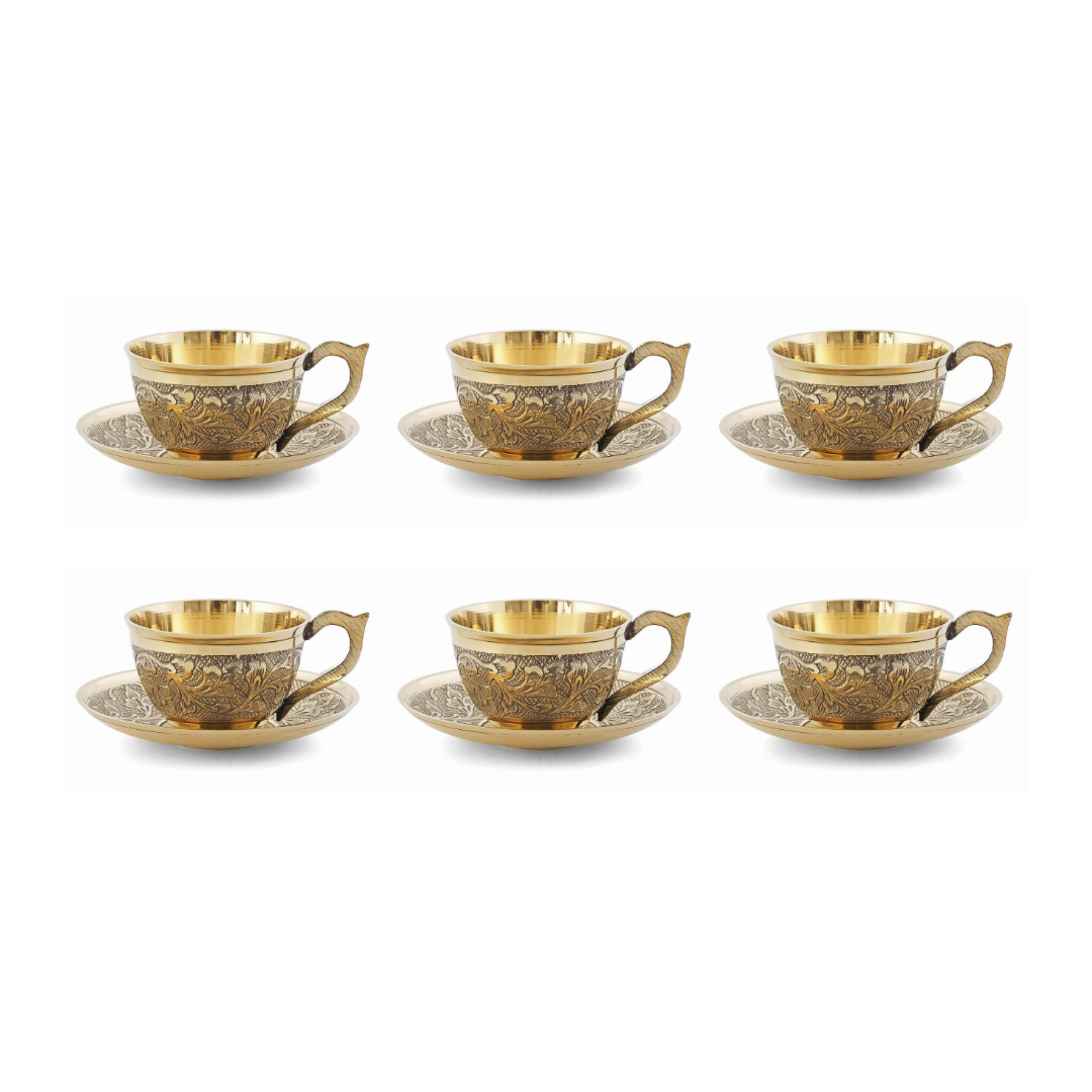 Brass Tea Cup and Saucer Set with Royal Finish | Handcrafted Brass Coffee Cups for Kitchen (Set of 6)