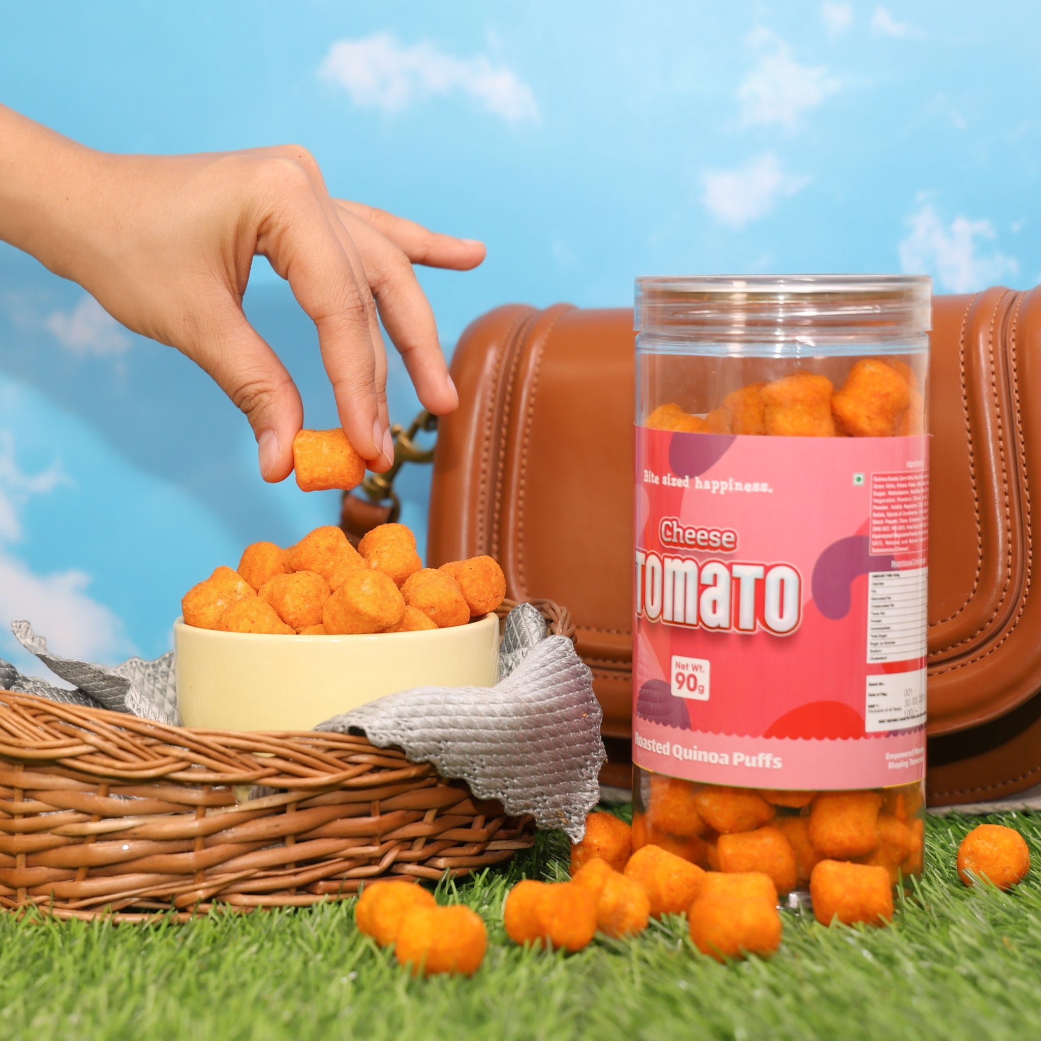 Crack A Nut's Cheese Tomato Roasted Multi-Grain Puffs, Savory & Healthy Snack, Packed with Protein & Low in Sugar, Lightly Roasted Multi-Grain Goodness, Perfect for Cravings & Guilt-Free Indulgence, 100g.