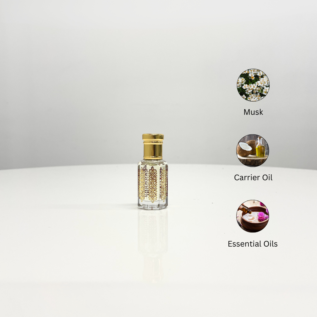 A bottle of Musk Attar Unisex perfume with a decorative gold and red design. This unisex fragrance features a blend of musk, carrier oils, and essential oils.