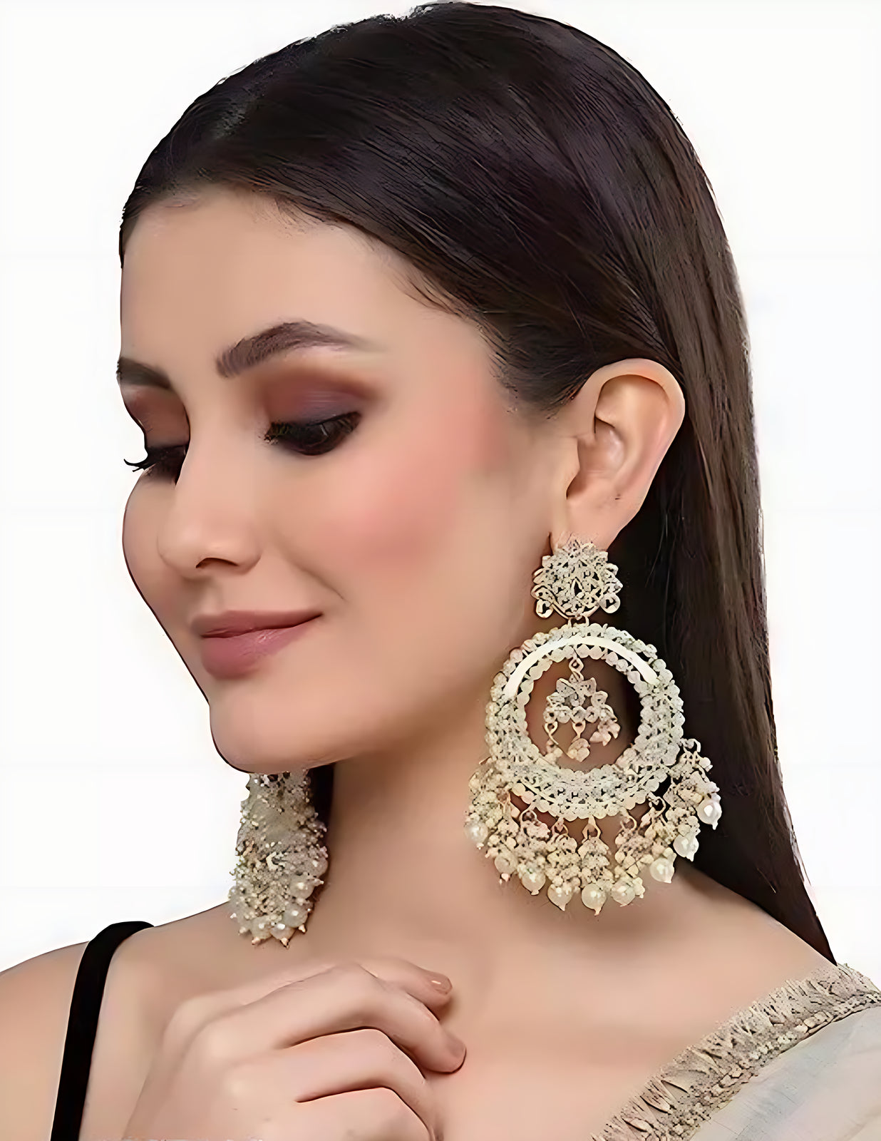 Pearl Chandelier Earrings, Traditional Indian Kundan Style Statement Jewelry for Wedding & Festive Wear, Traditional Indian Wedding Jewelry (Set of 1)